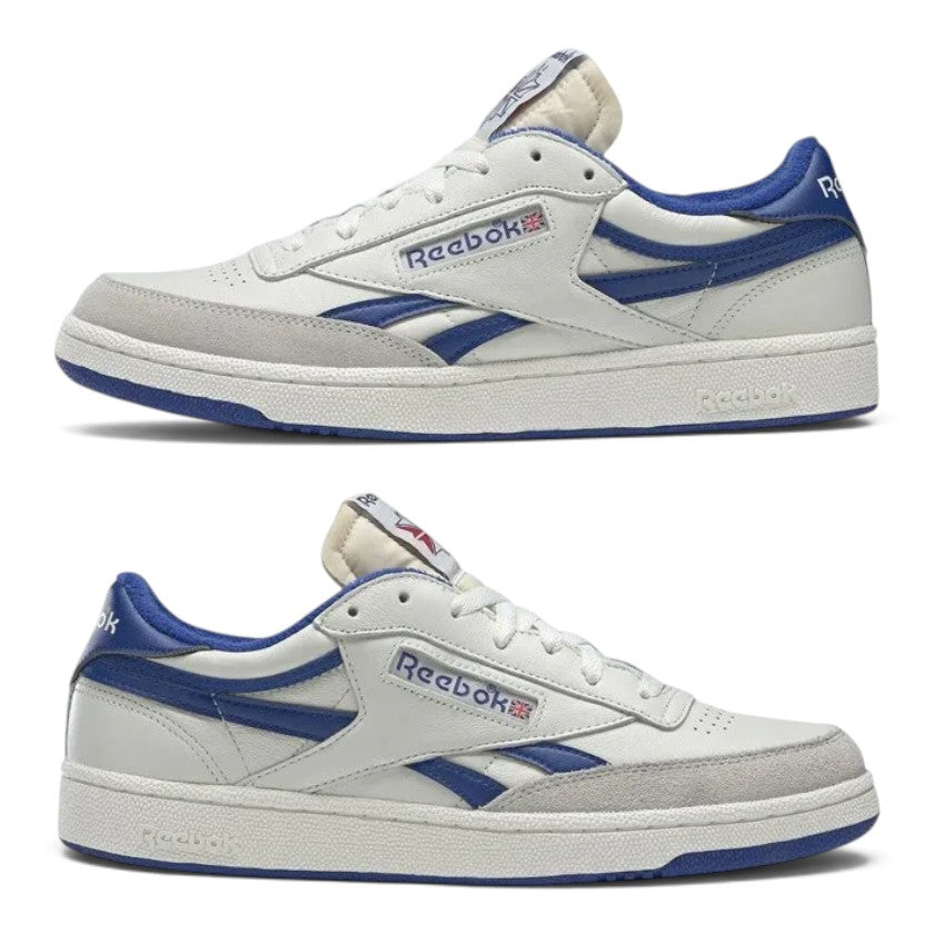 Stacked lateral and medial side-by-side view of both Reebok Club C Revenge Vintage shoes, displaying the full chalk leather profiles, blue side stripes, grey suede accents, and stitched vintage midsoles against a white background.