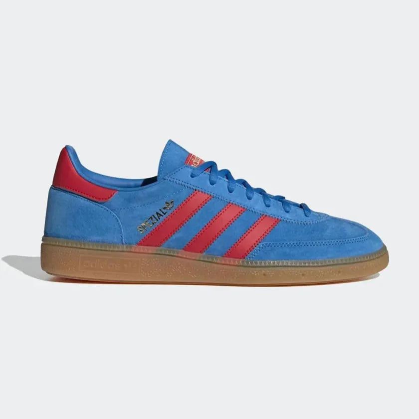 adidas Handball Spezial Men's FX5675 side view showing bright blue suede upper and red 3-Stripes Main image