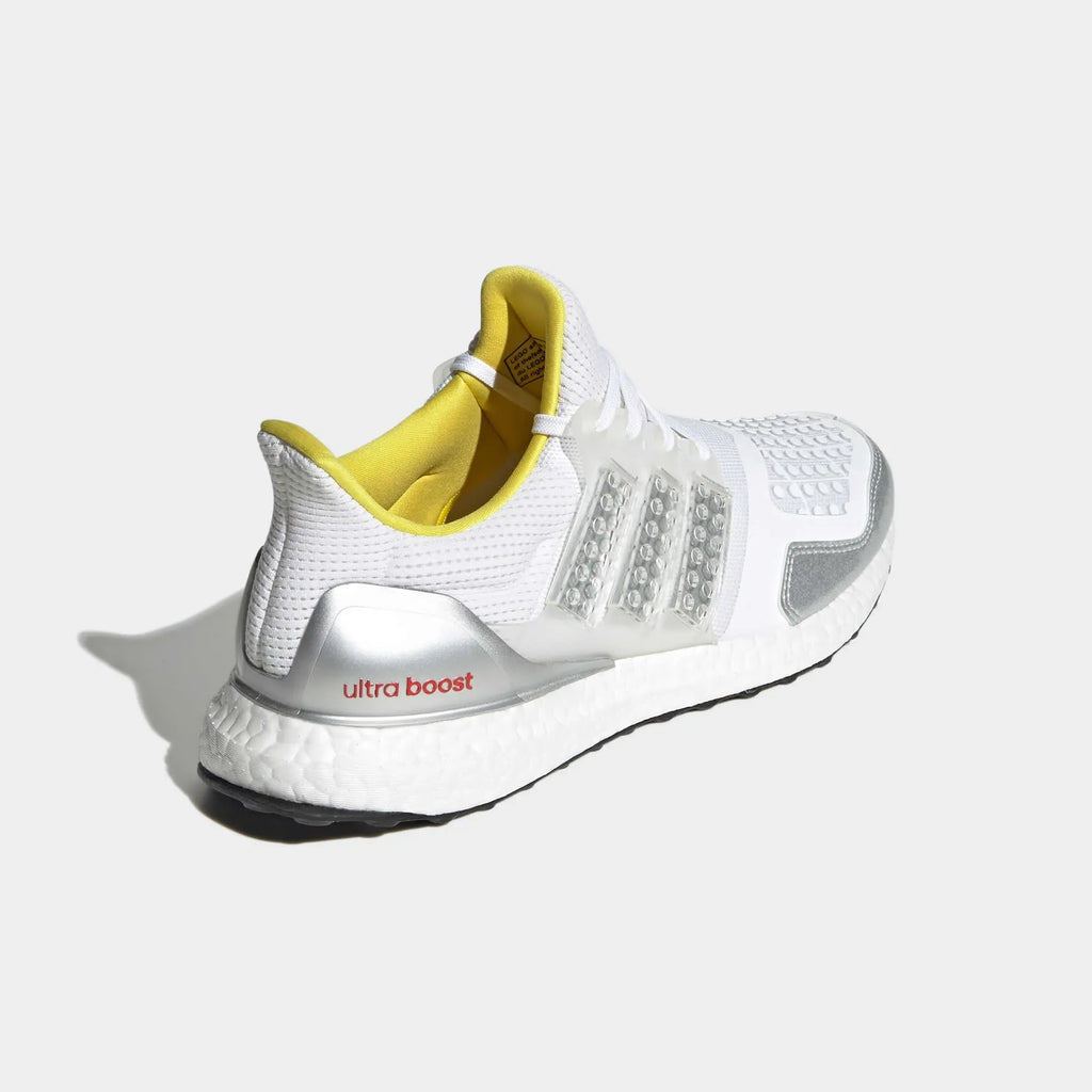 Rear view of the Adidas Ultraboost DNA x Lego Men's trainers, focusing on the sculpted heel counter and branded heel pull tab.