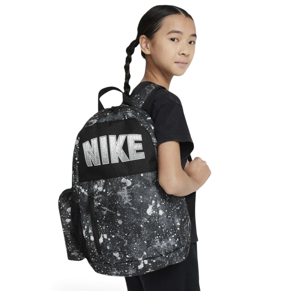 Three-quarter view of the backpack with the pencil case attached, showcasing the front zippered pocket and the iconic Nike Swoosh.