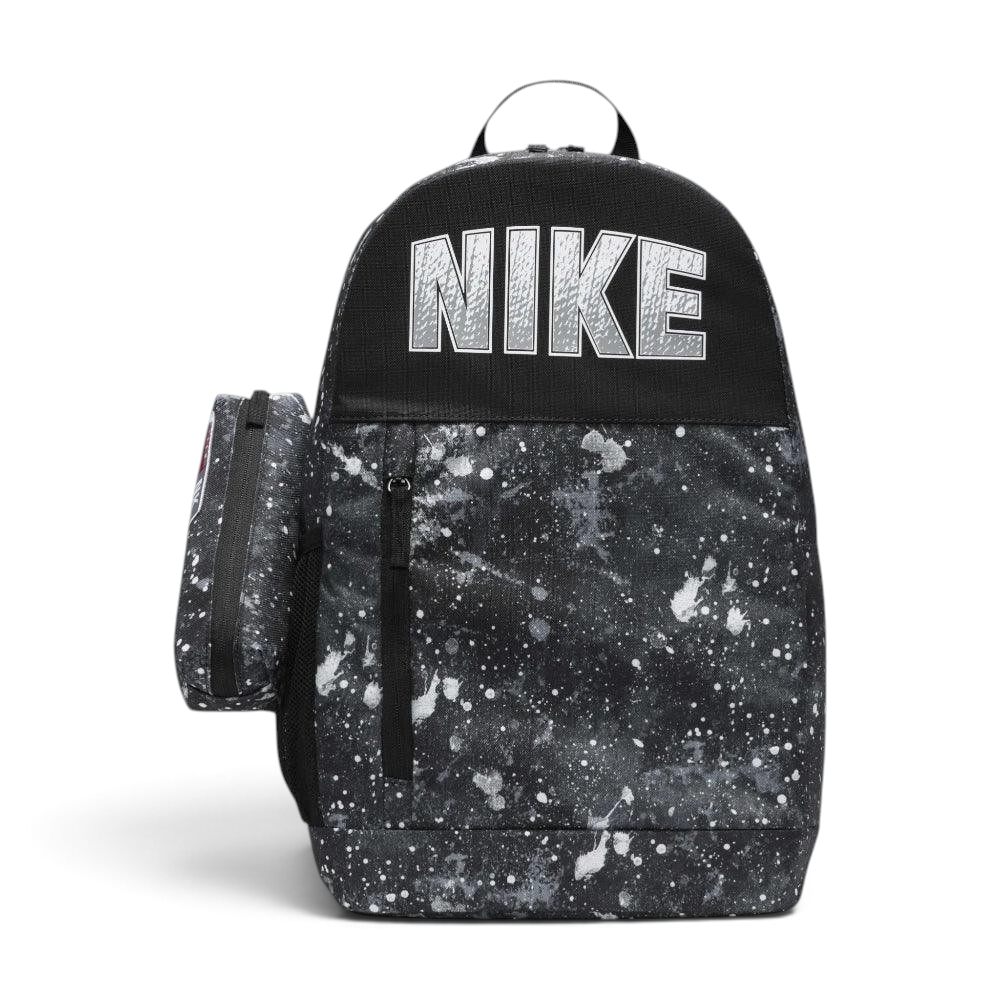 Overhead view of the backpack and the detachable pencil case laid flat, highlighting the dual-zipper entry and the Smoke Grey colorway.