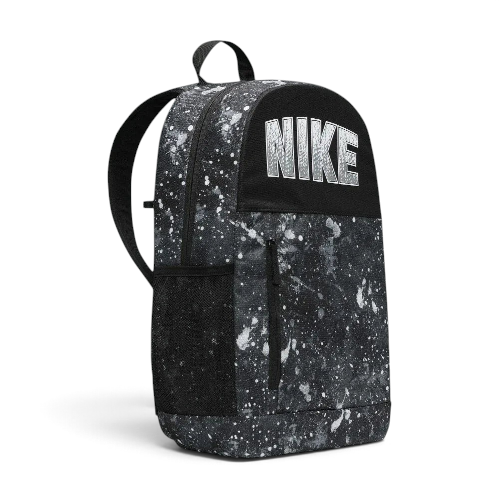 Side profile of the Smoke Grey Nike Elemental backpack, showing the padded shoulder straps and the side mesh water bottle pocket.