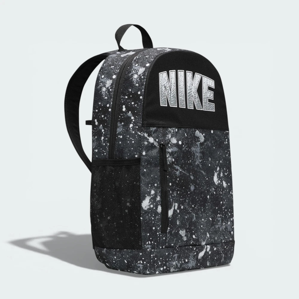 Side profile of the Smoke Grey Nike Elemental backpack, showing the padded shoulder straps and the side mesh water bottle pocket.