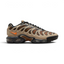 Highlights the dramatic lateral profile featuring substantial Khaki synthetic moulded cage overlays curving over Hyper Crimson gradient mesh, a mini Nike Swoosh, whale-tail midfoot shank, and multi-window visible Air units.