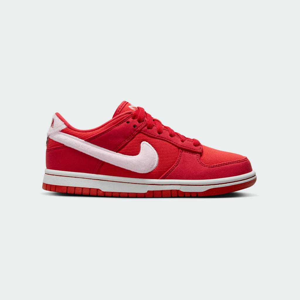 Nike Dunk Low Valentine's Juniors Trainers FZ3548-612 side view showing red and pink leather overlays and white Swoosh