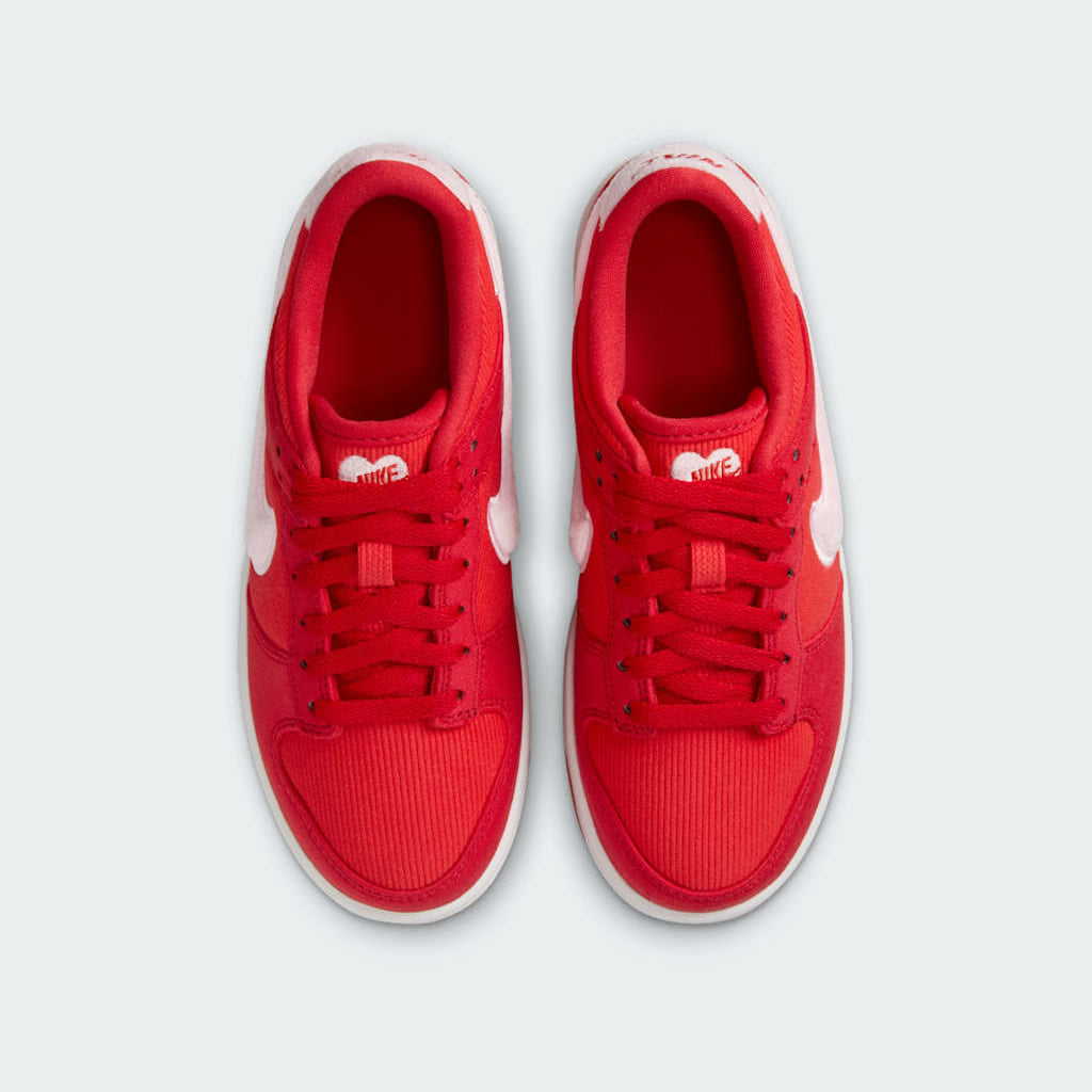 Nike Dunk Low Valentine's Juniors Trainers FZ3548-612 top view showing red tongue and red laces
