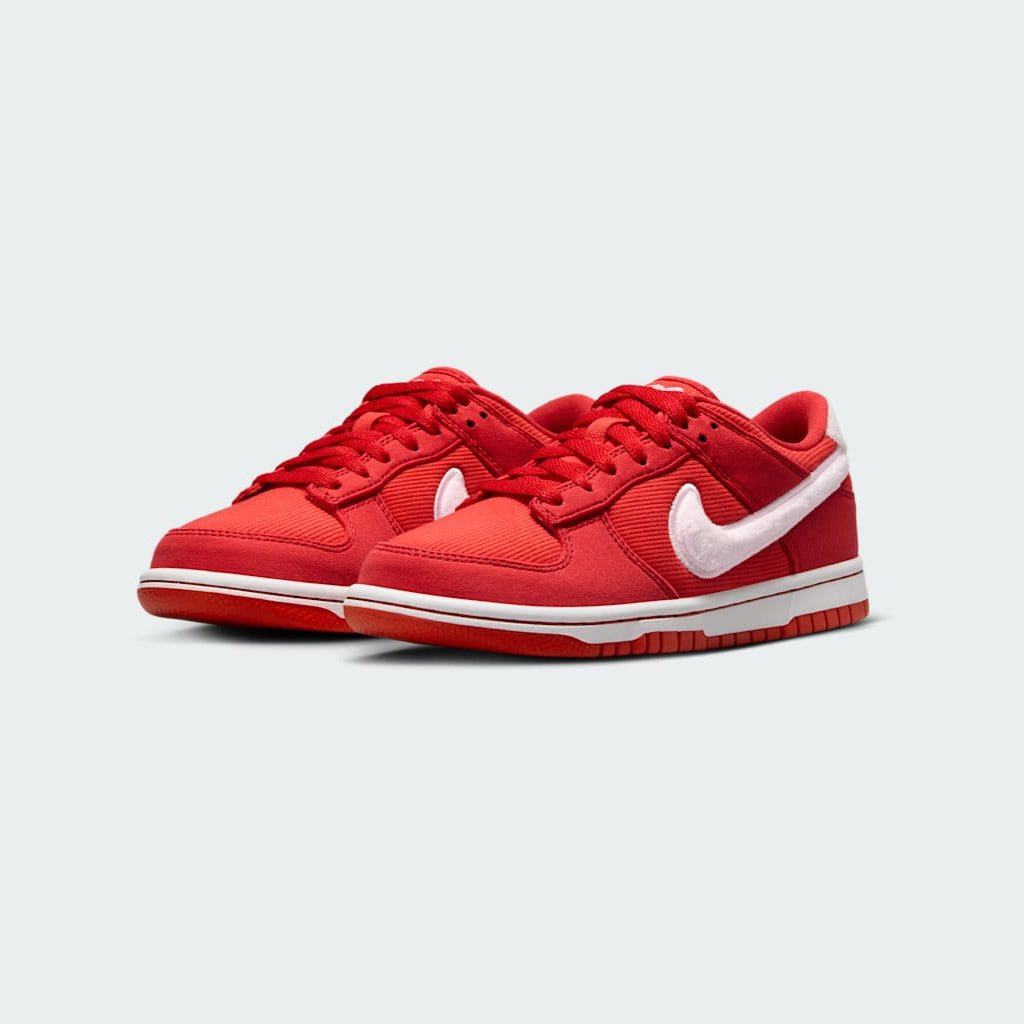 Nike Dunk Low Valentine's Juniors Trainers FZ3548-612 angled view showing bold colour blocking and retro design
