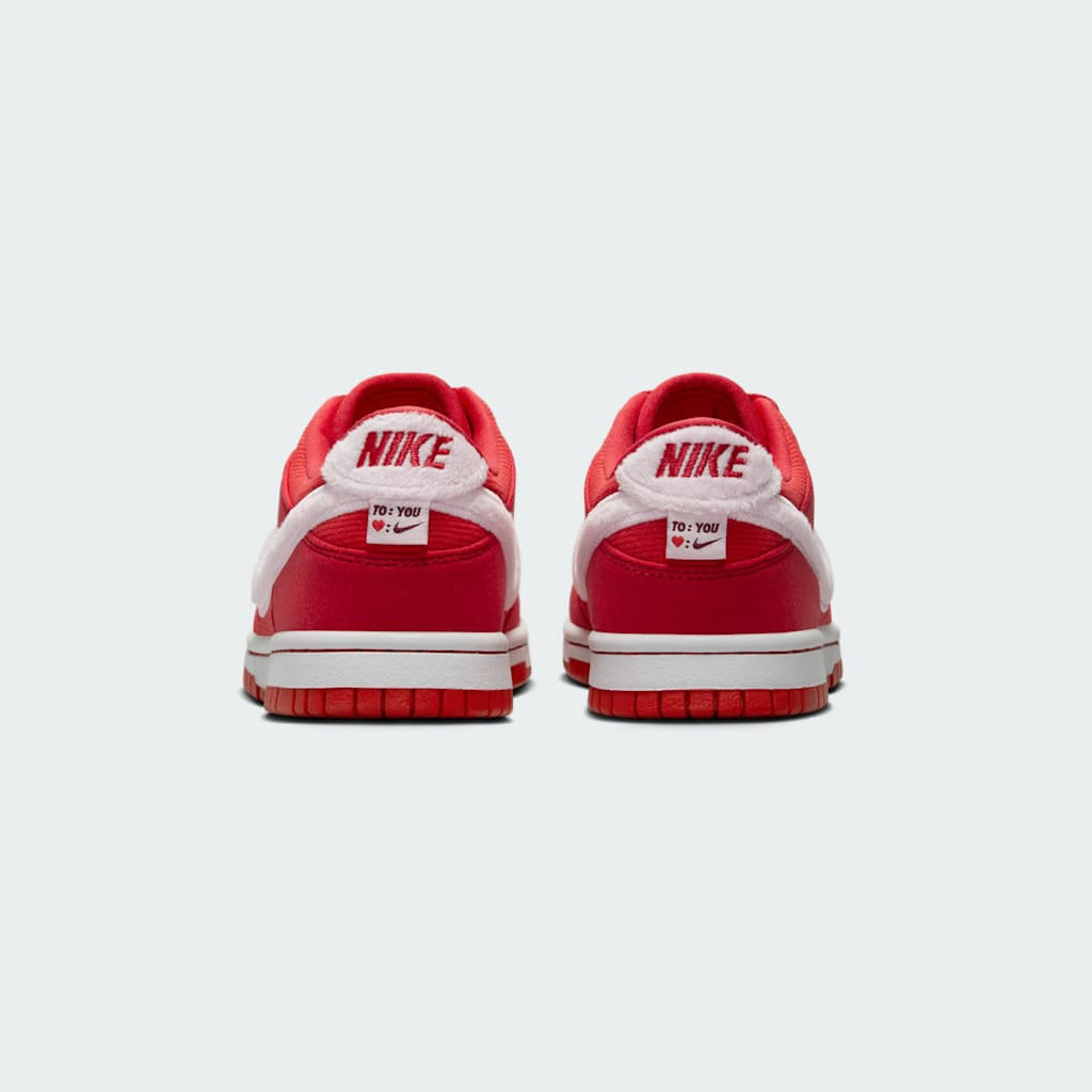 Nike Dunk Low Valentine's Juniors Trainers FZ3548-612 back view showing embroidered Nike logo and heel panel