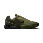 Studio side-profile shot of the Nike Air Max Phoenix men's trainers in Medium Olive and Sequoia, highlighting the earthy olive upper, textured side overlays, dark swoosh branding, and black tinted Max Air heel unit.
