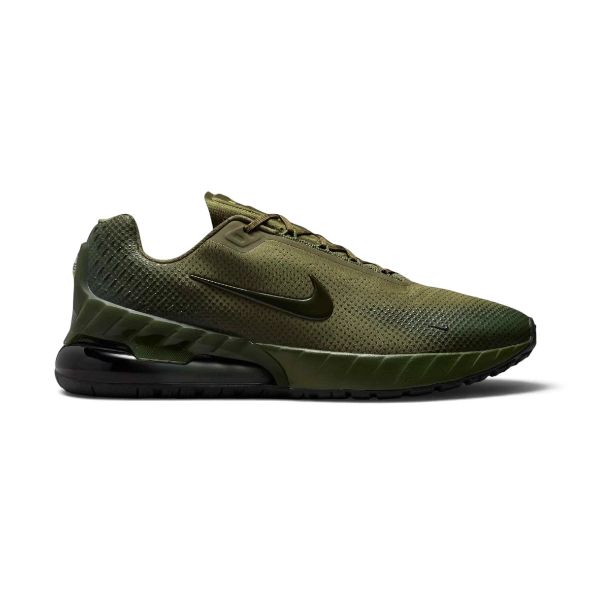 Studio side-profile shot of the Nike Air Max Phoenix men's trainers in Medium Olive and Sequoia, highlighting the earthy olive upper, textured side overlays, dark swoosh branding, and black tinted Max Air heel unit.