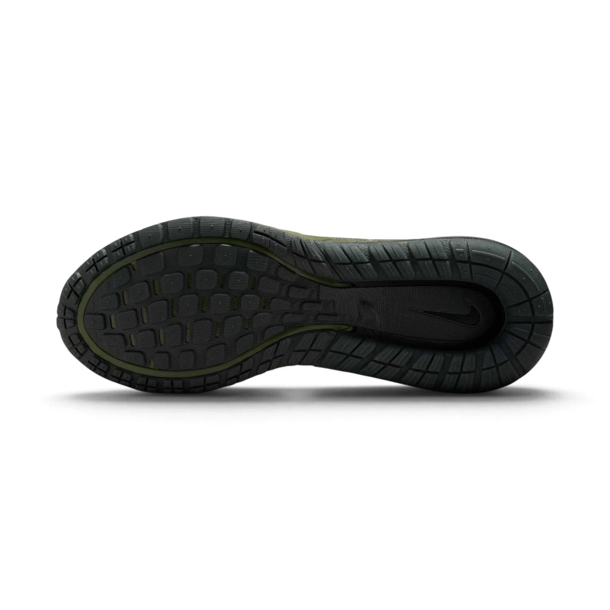 Bottom-down view of the dark rubber outsole, showcasing the multi-directional traction pod pattern and embedded Nike Swoosh.