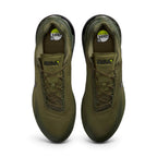 Overhead top-down view looking down at the laced trainers, displaying the olive flat laces, branded "AM" tongue tags, and printed insoles with Air Max graphics.