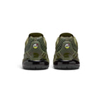 Rear-angle studio shot focusing on the molded olive heel counter featuring circular Air Max branding badges and curved structural ribs.