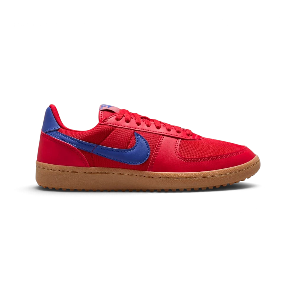 The University Red Field General, highlighting the Deep Night navy Swoosh and the contrast of the Gum Medium Brown Waffle sole.