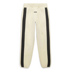 Focuses on the locked-in stretch of the gathered elasticated waist and the professional alignment of the front branding.
