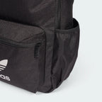 Black Adidas backpack with a white logo on a light gray background