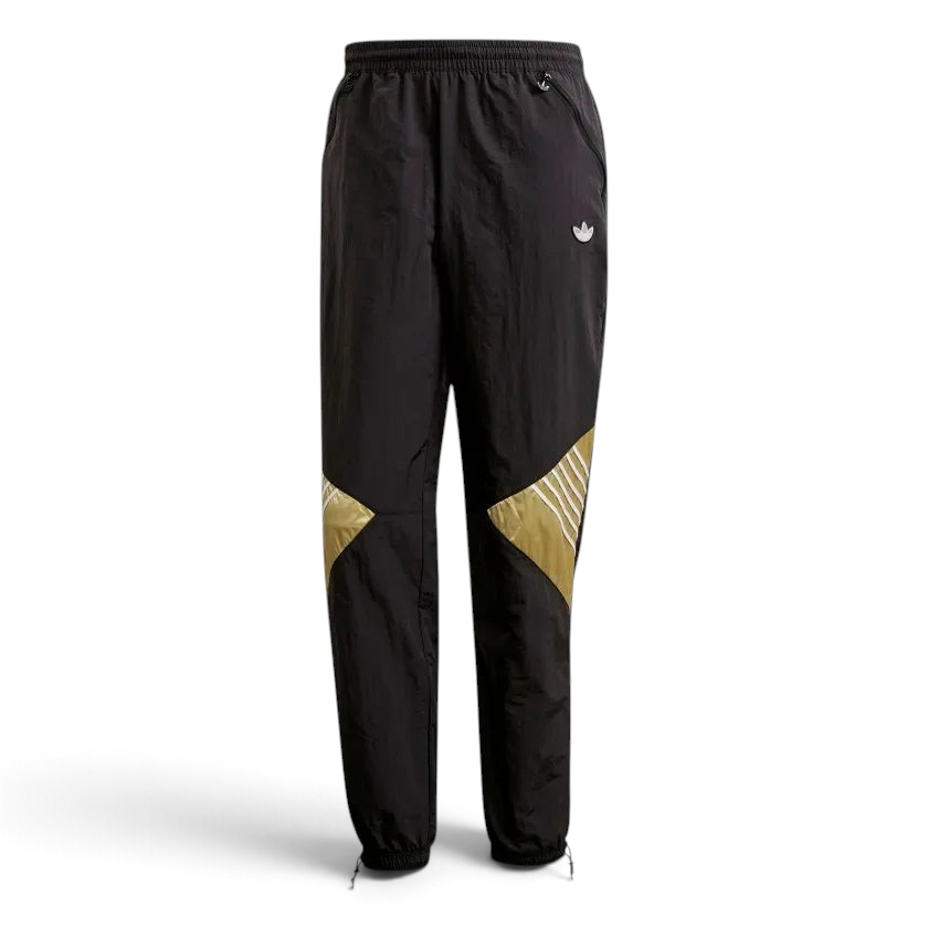 Adidas Tolima 02 Men's Track Pants in black nylon, front view showing elastic waistband, drawcord, side pockets, and classic Adidas 3-Stripes down the legs.