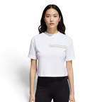 Highlights the high-velocity sweep of the shortened waistline hem, showing the professional, clean drape of the white cotton fabric and the loose, comfortable hang of the short sleeves.