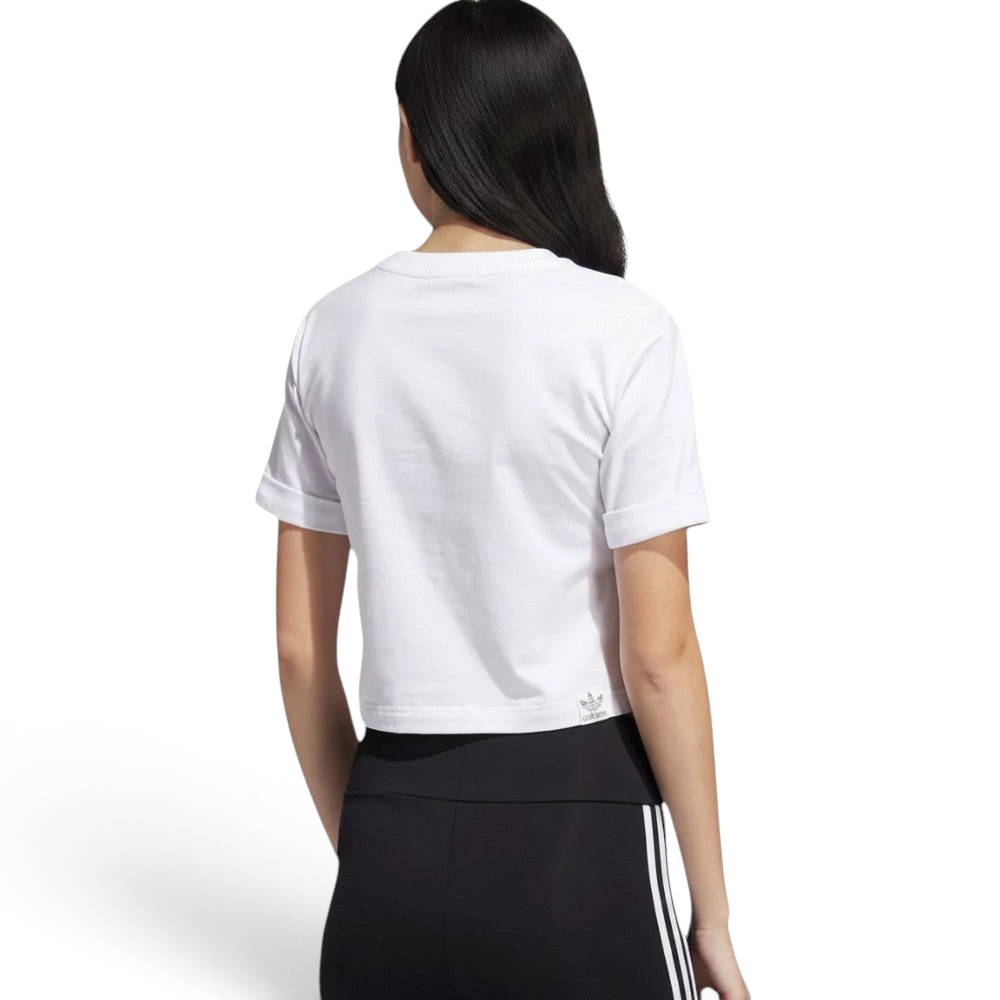Focuses on the clean, unadorned back panel of the t-shirt, highlighting the smooth canvas of the high-quality white cotton and the neat double-needle stitching tracking along the cropped lower edge.