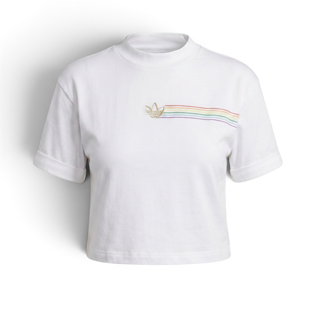 Focuses on the clean symmetry of the flat-laid crop tee, displaying the perfect layout of the ribbed crewneck collar, the short sleeve tracks, and the centered alignment of the multi-coloured front logo.