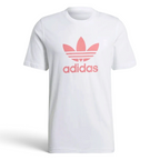 Trade Sports white cotton t-shirt featuring a large pastel hazy rose adidas Trefoil logo on the chest.