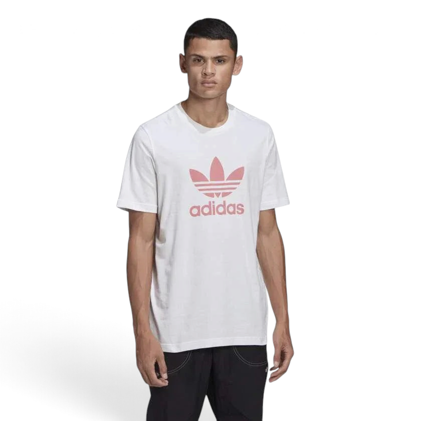 A man wearing a white Adidas t-shirt with a pink Trefoil logo on the front. Main image