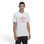A man wearing a white Adidas t-shirt with a pink Trefoil logo on the front.
