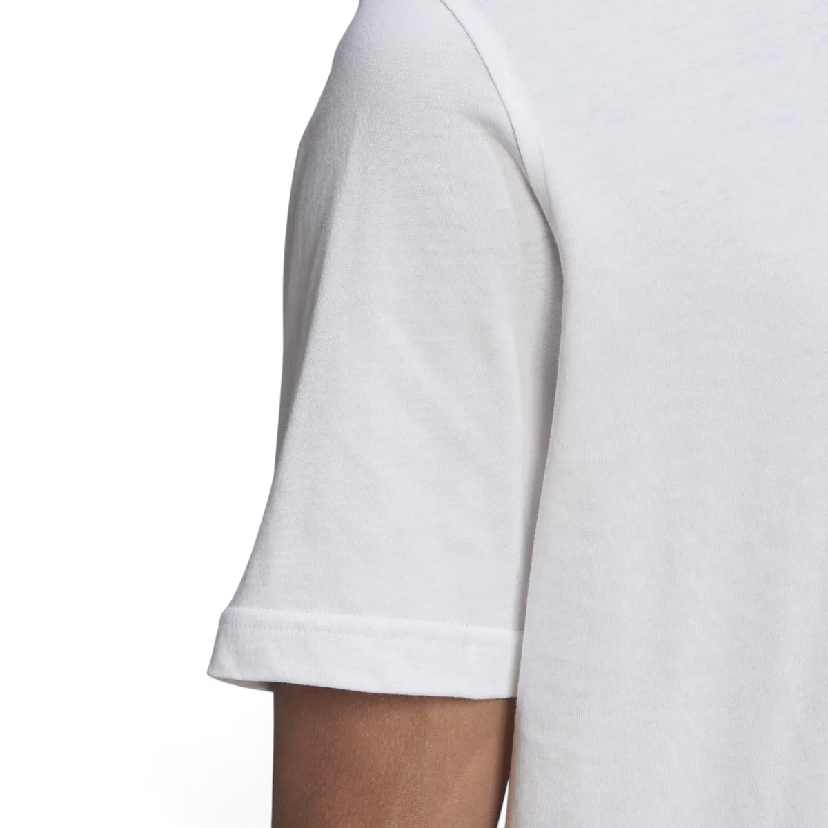 Trade Sports white cotton t-shirt sleeve detail showing loose fit and flatlock hem construction