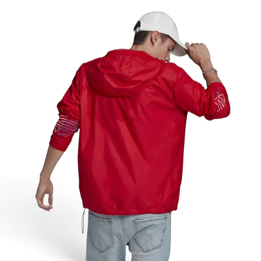Trade Sports Adidas Originals windbreaker in scarlet red with a hood and large Trefoil back logo on a male model