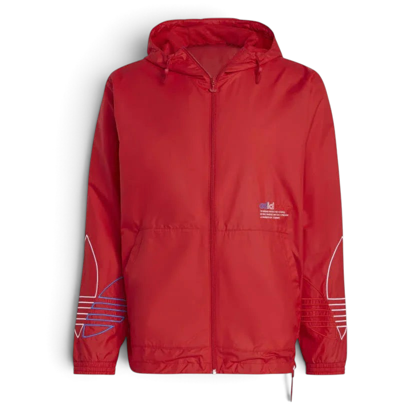 Trade Sports Adidas Originals scarlet red windbreaker with hood, front zip, and blue and white Trefoil sleeve details.