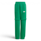 adidas x LEGO Kids' Fleece Track Pants GN6803 front view showing green fleece and LEGO-inspired design