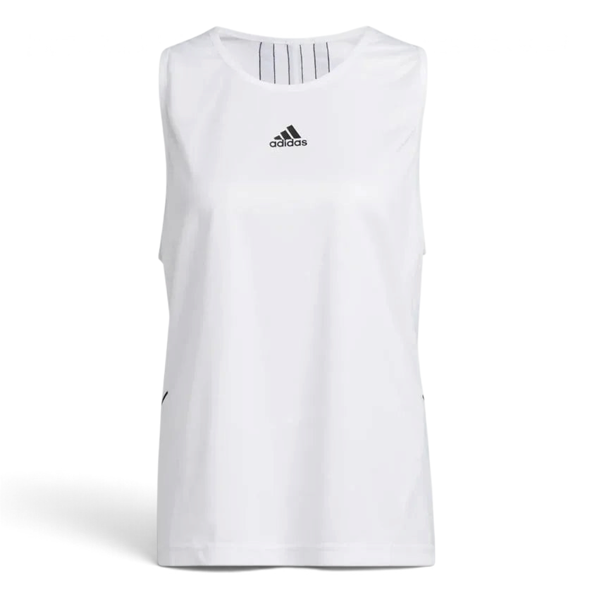 Trade Sports white Adidas basketball tank top with black logo and dropped armholes for women