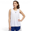 Trade Sports model wearing a white Adidas women's basketball tank top with dropped armholes and moisture-wicking fabric