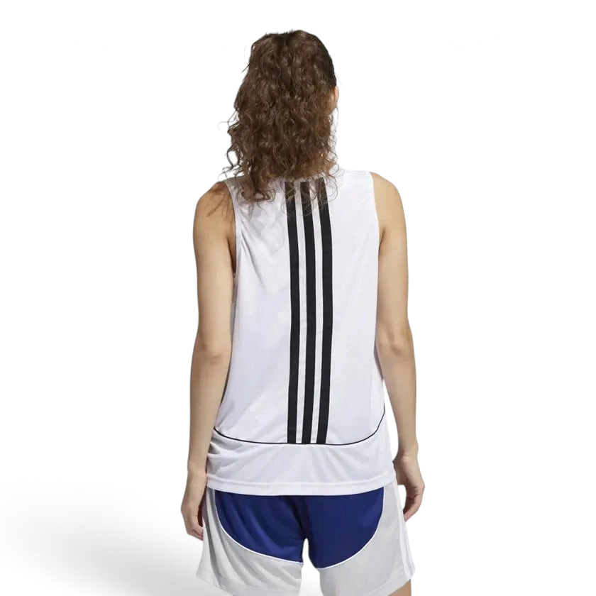Trade Sports Adidas women's white basketball tank top with black three-stripe back detail and dropped armholes