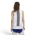 Trade Sports Adidas women's white basketball tank top with black three-stripe back detail and dropped armholes