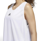 Trade Sports white Adidas basketball tank top with deep armholes and black logo, worn by a female athlete.