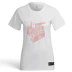 Trade Sports Adidas white cotton graphic t-shirt featuring a pink Paris shoebox illustration and ribbed crewneck.