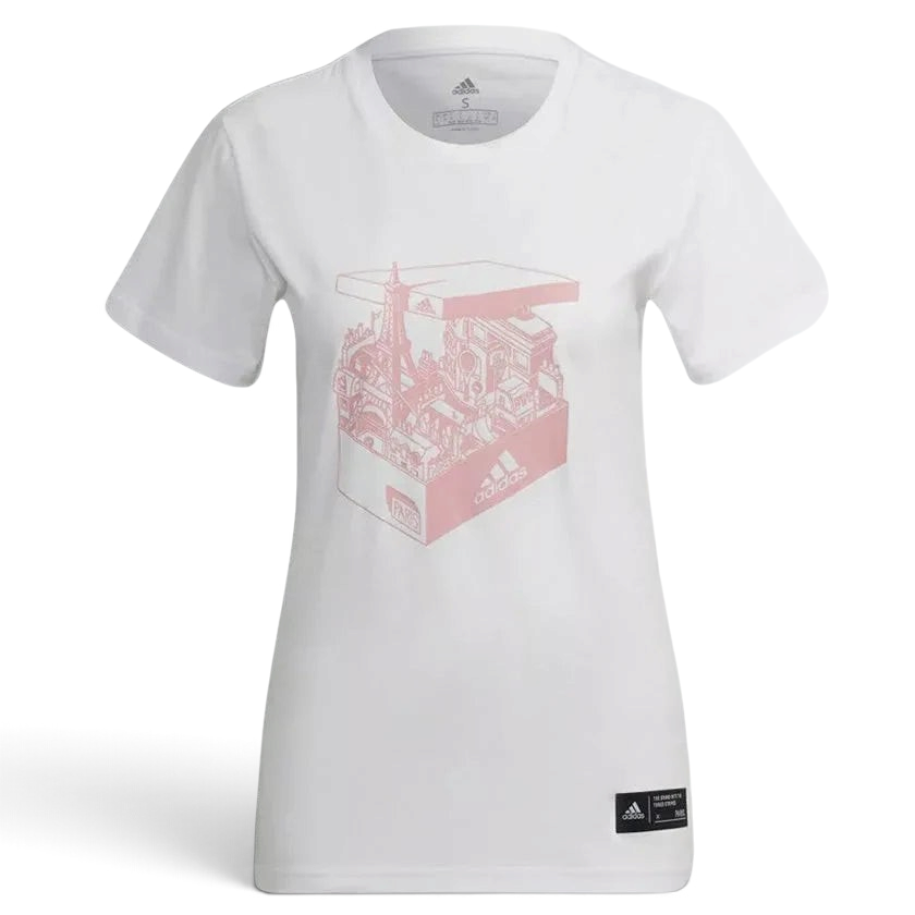 Trade Sports Adidas white cotton graphic t-shirt featuring a pink Paris shoebox illustration and ribbed crewneck.