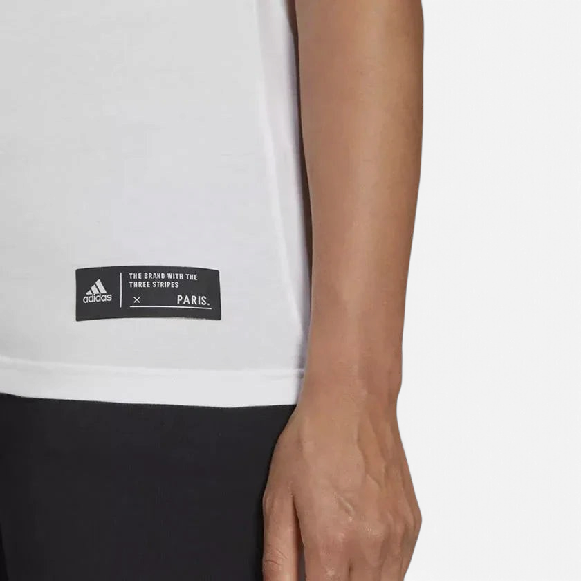 Trade Sports Adidas white cotton graphic t-shirt featuring a black Paris shoebox label detail on the hip