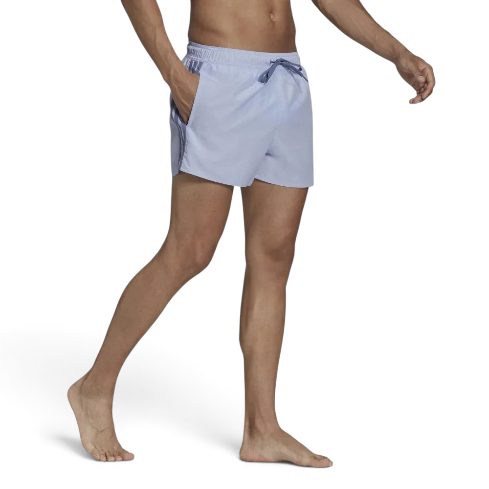 adidas Classic 3-Stripes Men's Swim Shorts GU0322 worn standing showing athletic fit and vibrant colour