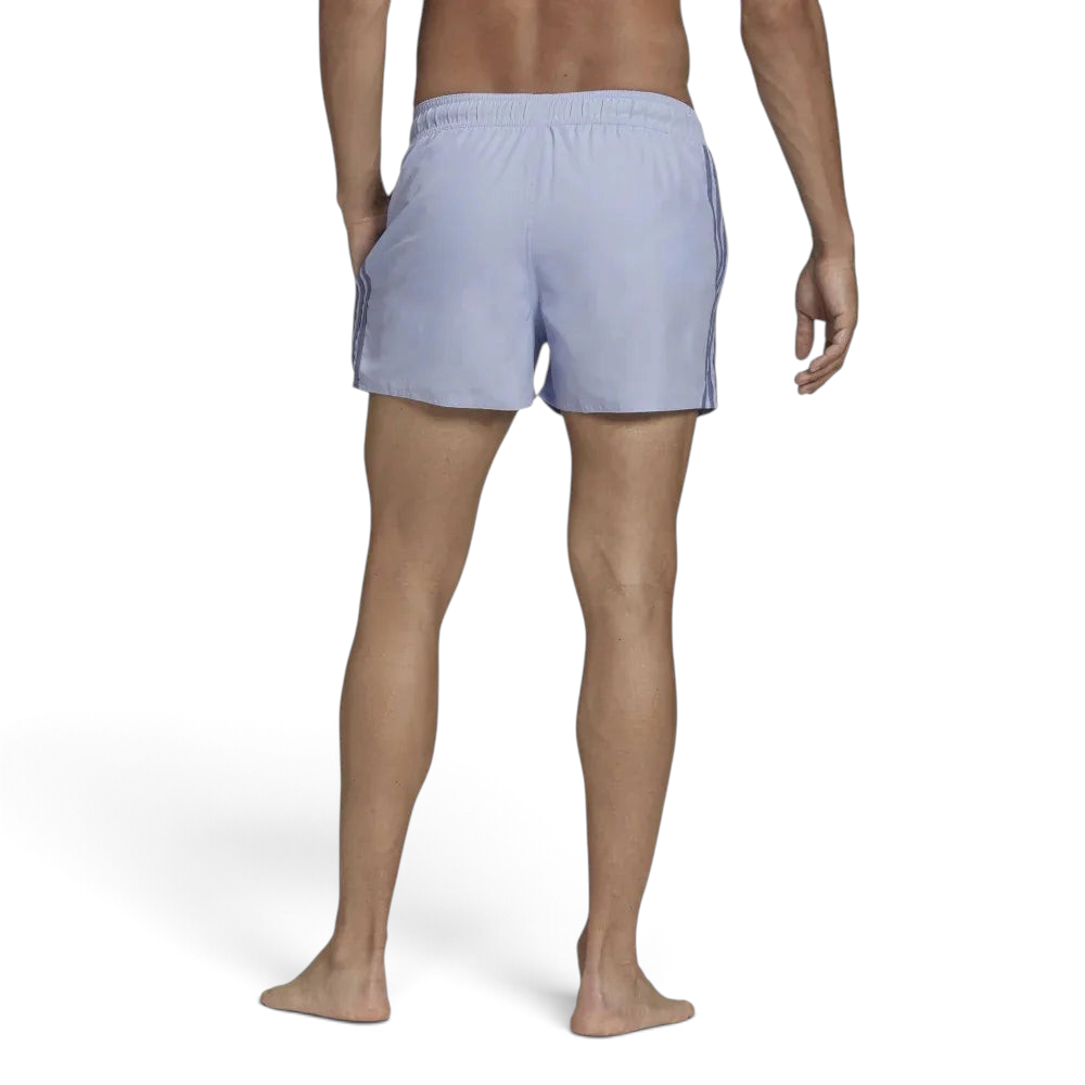 adidas Classic 3-Stripes Men's Swim Shorts GU0322 worn standing showing athletic fit and vibrant colour