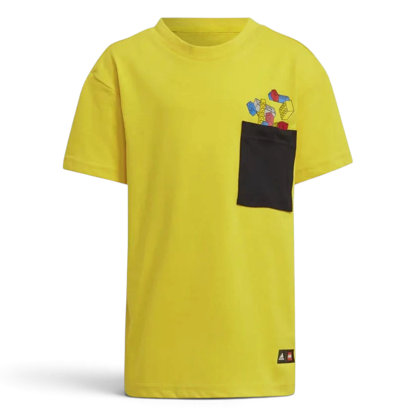 Trade Sports yellow adidas x LEGO kids t-shirt with a black chest pocket and colorful brick graphic details. Main image