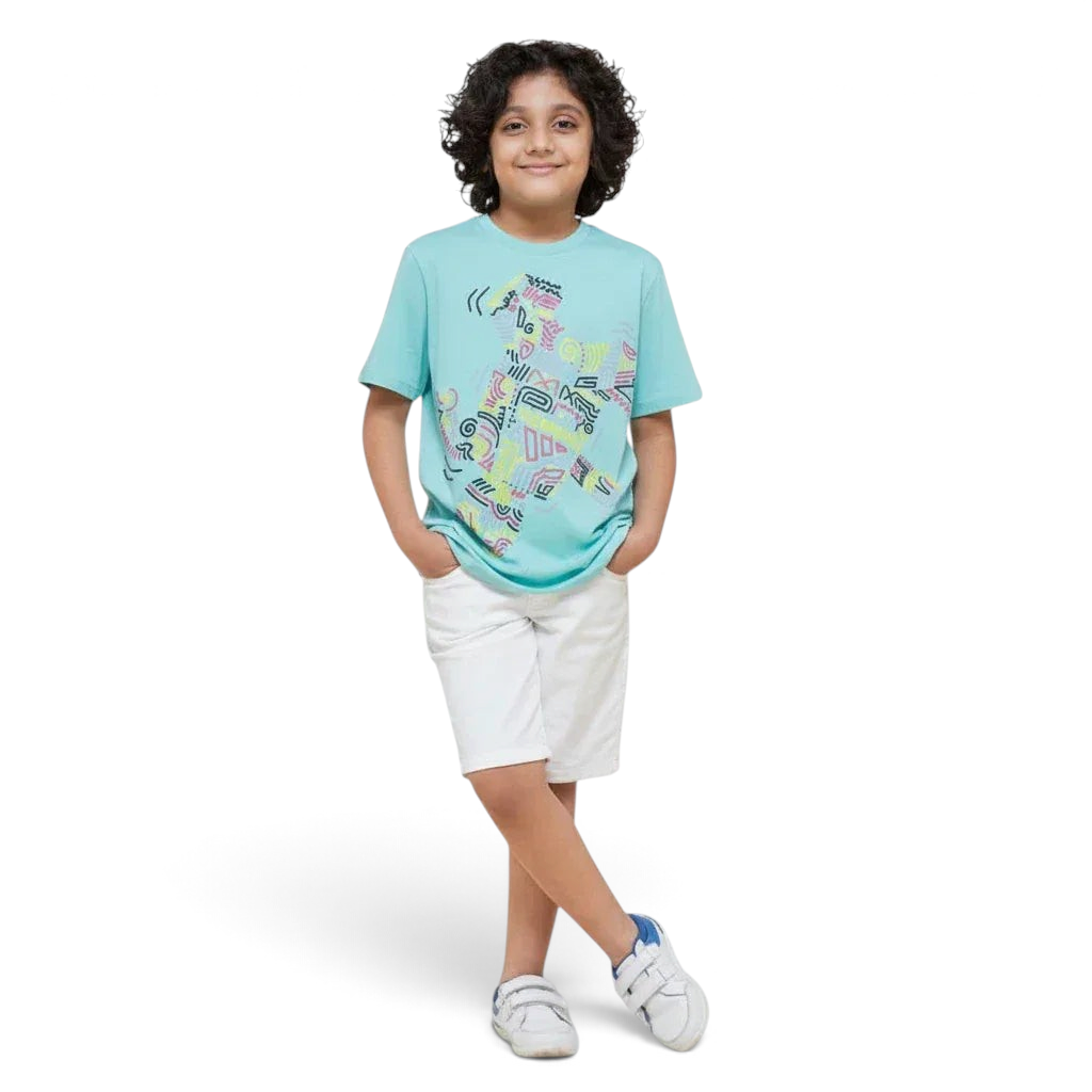 Trade Sports adidas x LEGO juniors' mint green cotton t-shirt with colorful graphic print worn by a young boy Main image