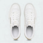 Top-Down view of a pair of Reebok Classic Club C 85 women's trainers in white, highlighting their clean shape and lace-up closure.
