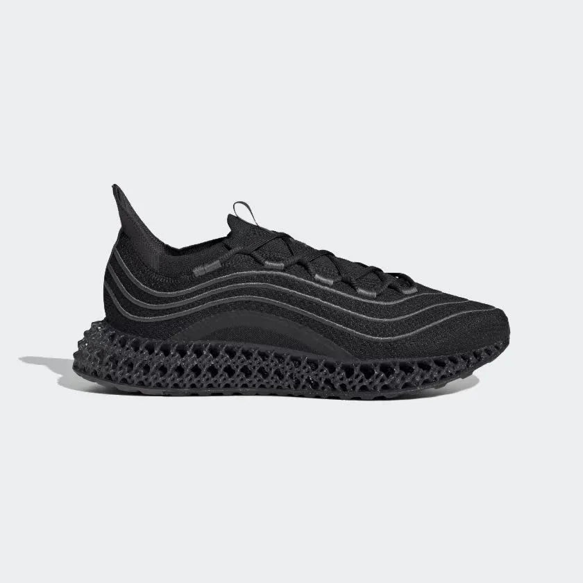 Adidas 4DFWD x Parley running trainers in black, side profile showing the Primeknit upper, futuristic 3D-printed 4D midsole, and a bold, sleek design. Main image