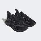 Angled view of two Adidas 4DFWD x Parley trainers in black, side by side, showcasing their groundbreaking 4D technology and Primeknit upper.