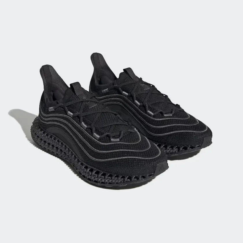 Angled view of two Adidas 4DFWD x Parley trainers in black, side by side, showcasing their groundbreaking 4D technology and Primeknit upper.