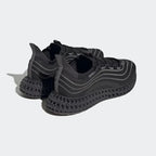 Rear angled view of two Adidas 4DFWD x Parley trainers in black, side by side, showcasing their groundbreaking 4D technology and Primeknit upper.