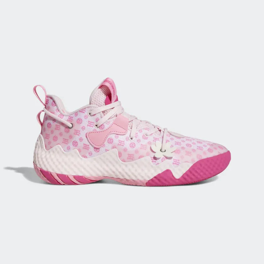 Pink and white sneaker with floral pattern on a light gray background