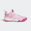 Pink and white sneaker with floral pattern on a light gray background
